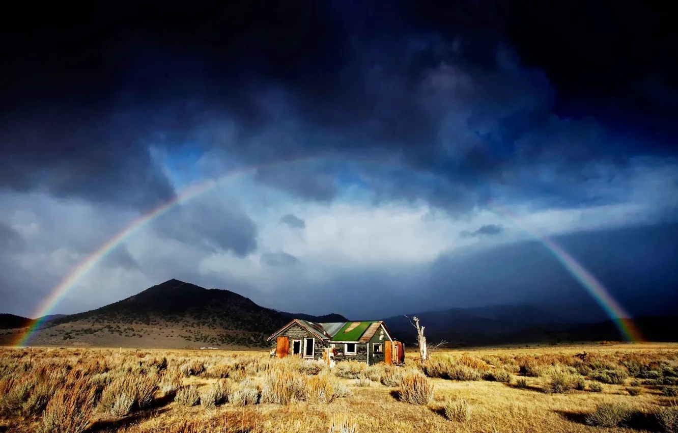 Photo wallpaper Rainbow, house, grass, sky, landscape, mountains, clouds, abandoned