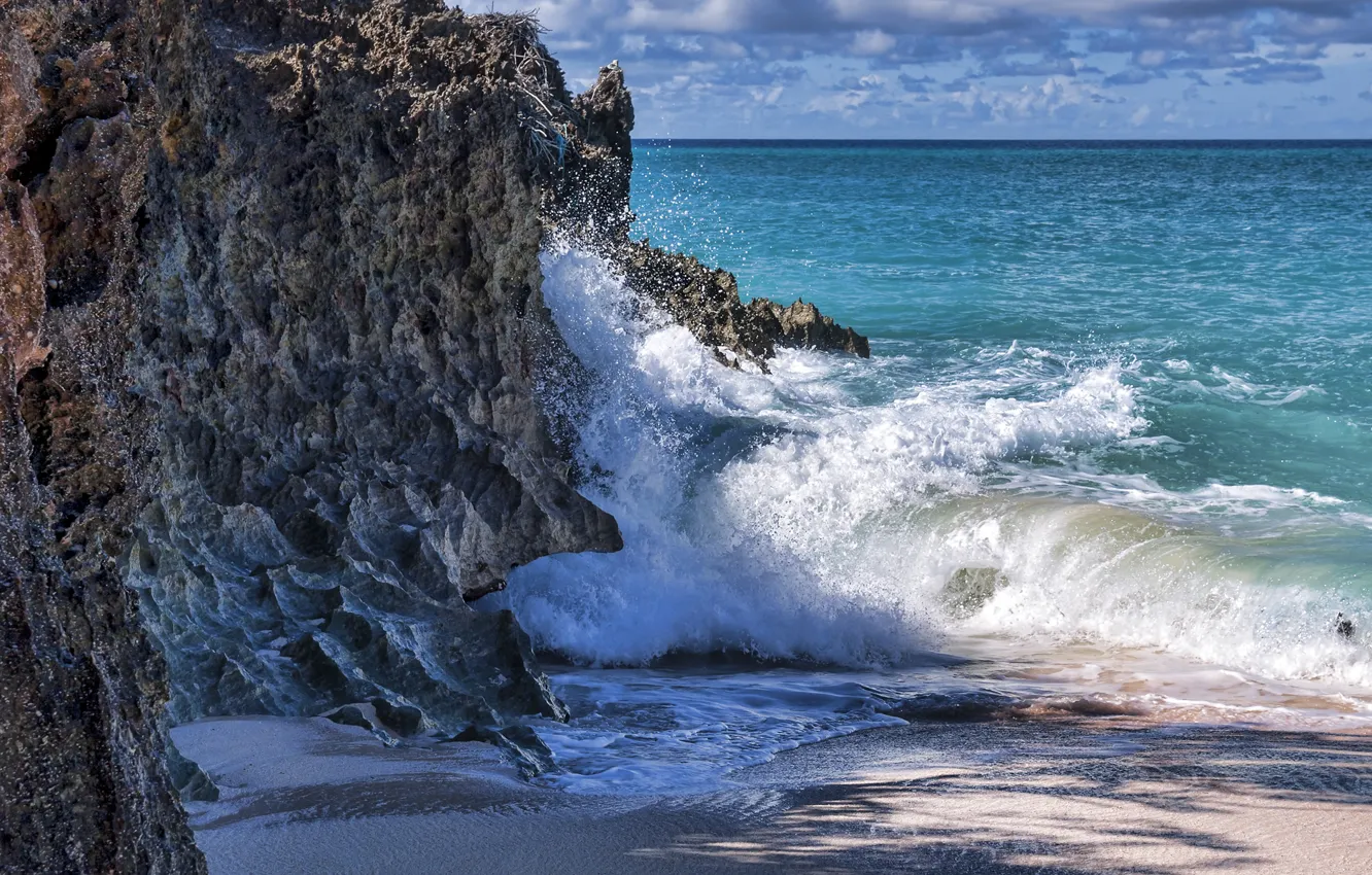 Photo wallpaper sand, sea, wave, foam, rocks
