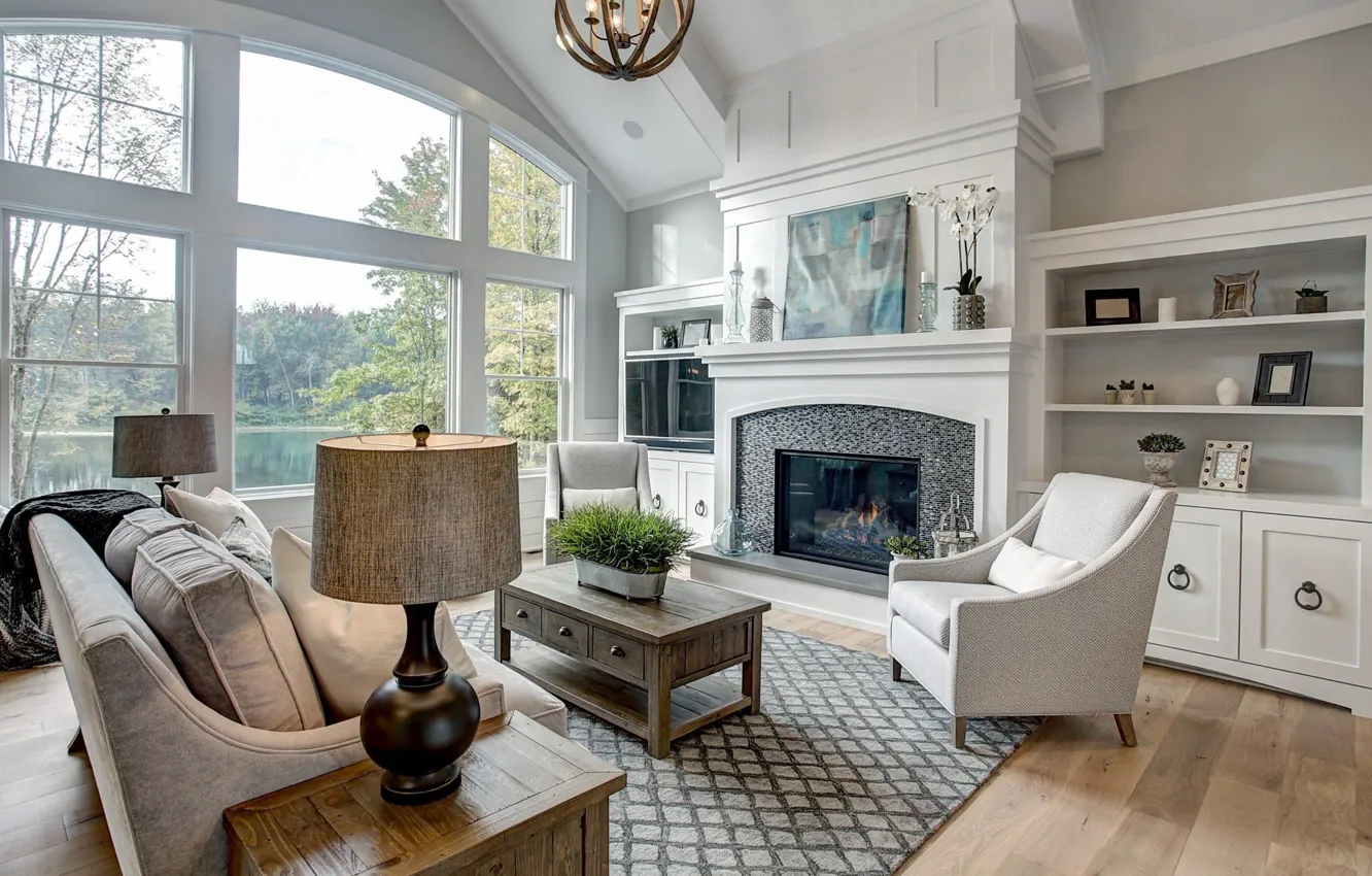 Photo wallpaper comfort, interior, fireplace, living room, coastal Farmhouse, vaulted ceiling