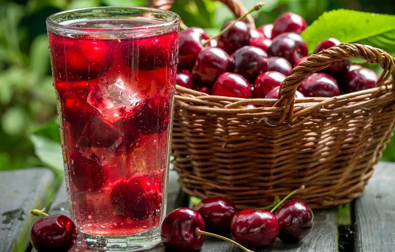 Photo wallpaper cherry, basket, drink