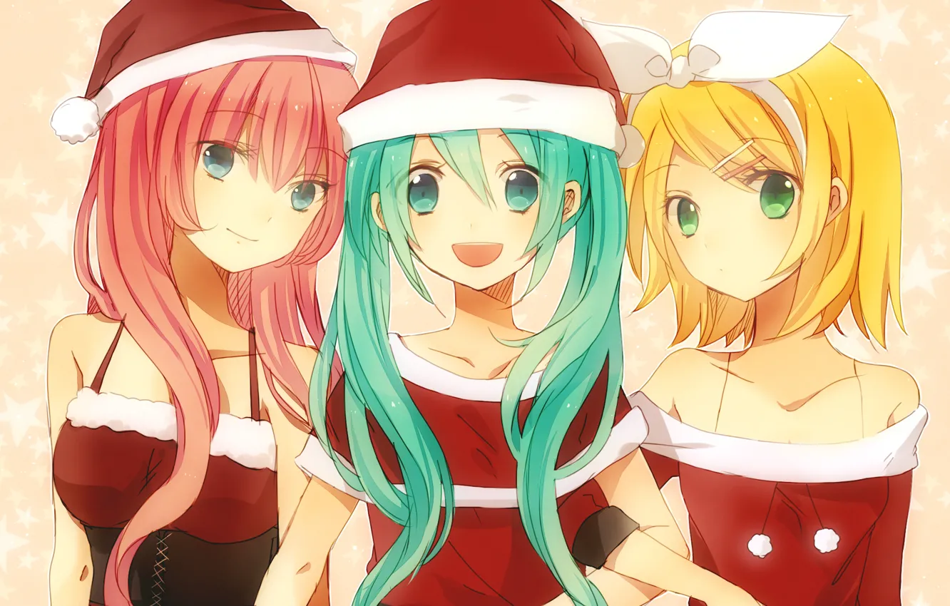 Photo wallpaper look, girls, new year, vocaloid, Hatsune Miku, Kagamine Rin, smile, Megurine Luka