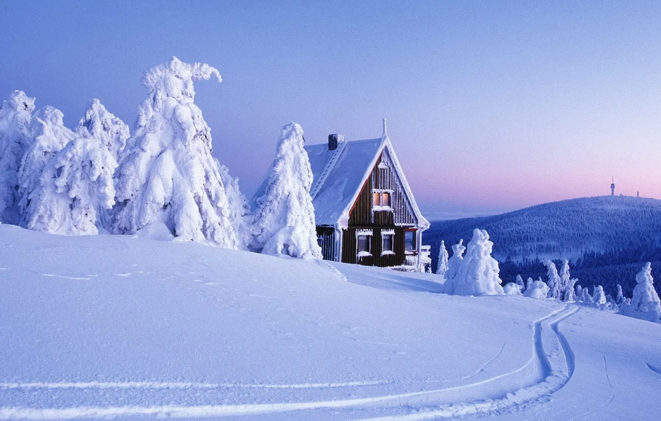 Photo wallpaper house, winter, snow, slope, wooden