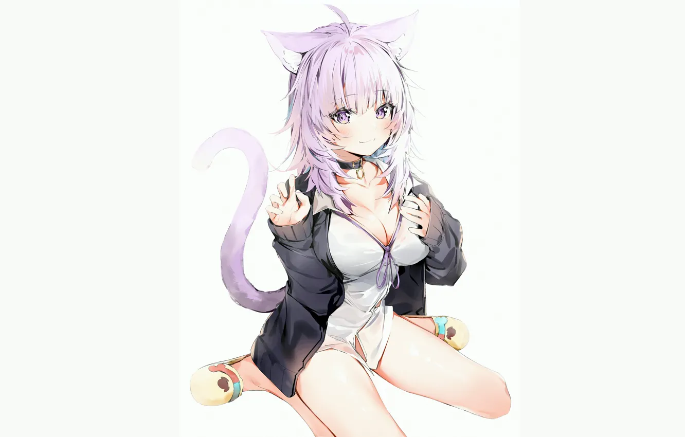 Photo wallpaper girl, sexy, cleavage, boobs, animal ears, anime, beautiful, short hair