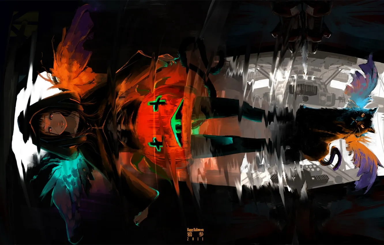 Photo wallpaper cat, girl, wings, anime, art, hood, pumpkin, karasu-san