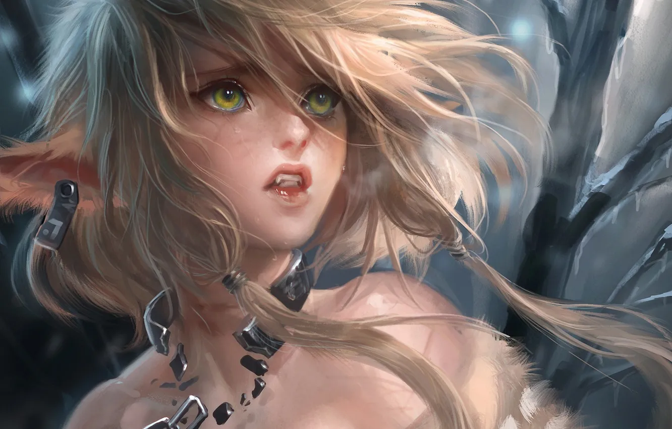 Photo wallpaper girl, fantasy, art, chain, collar, ears, tag, sakimichan