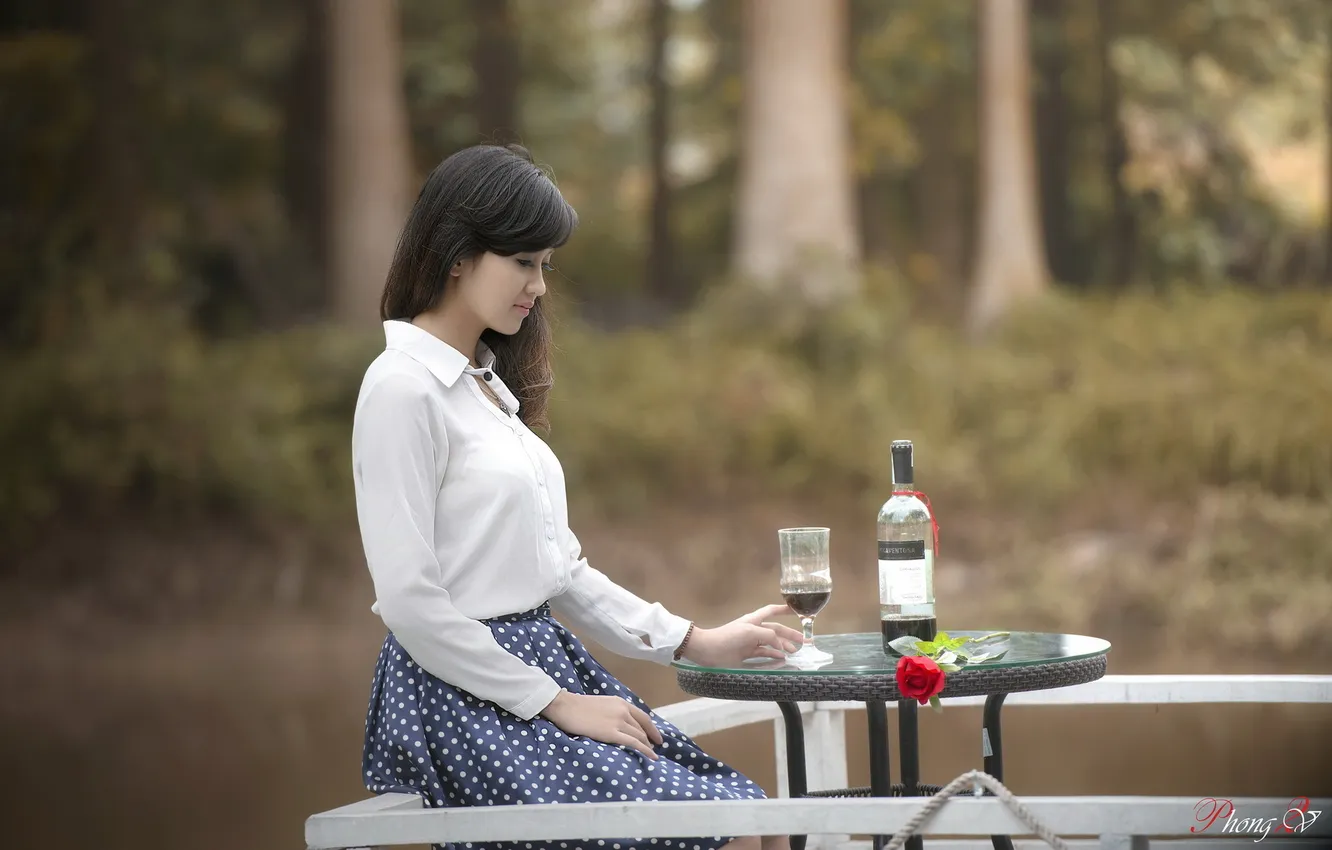 Photo wallpaper girl, wine, Asian