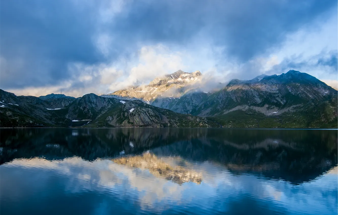 Photo wallpaper the sky, water, clouds, mountains, lake, reflection, tops, mountains
