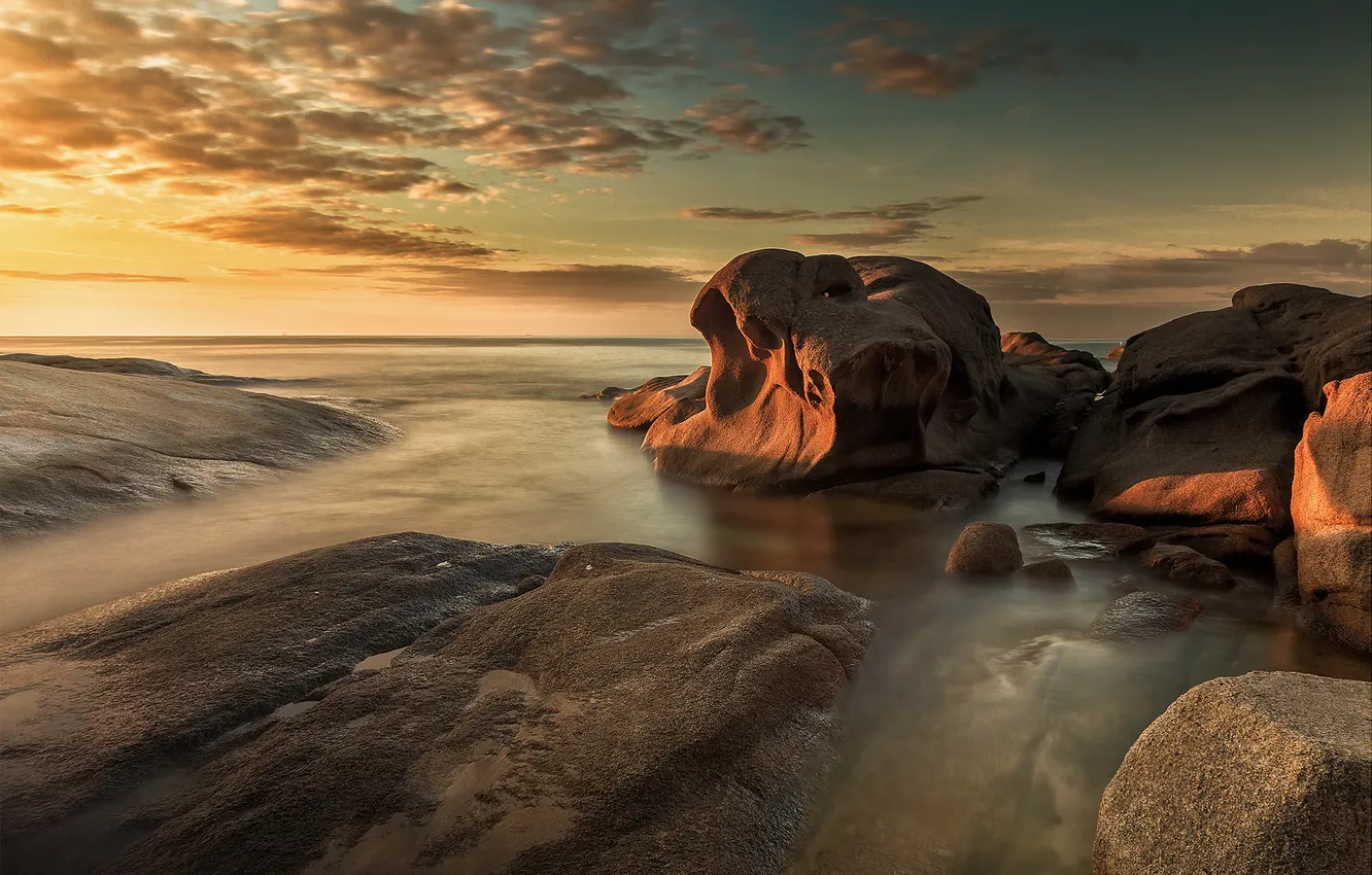 Photo wallpaper sea, the sky, clouds, stones, rocks, the evening, tide