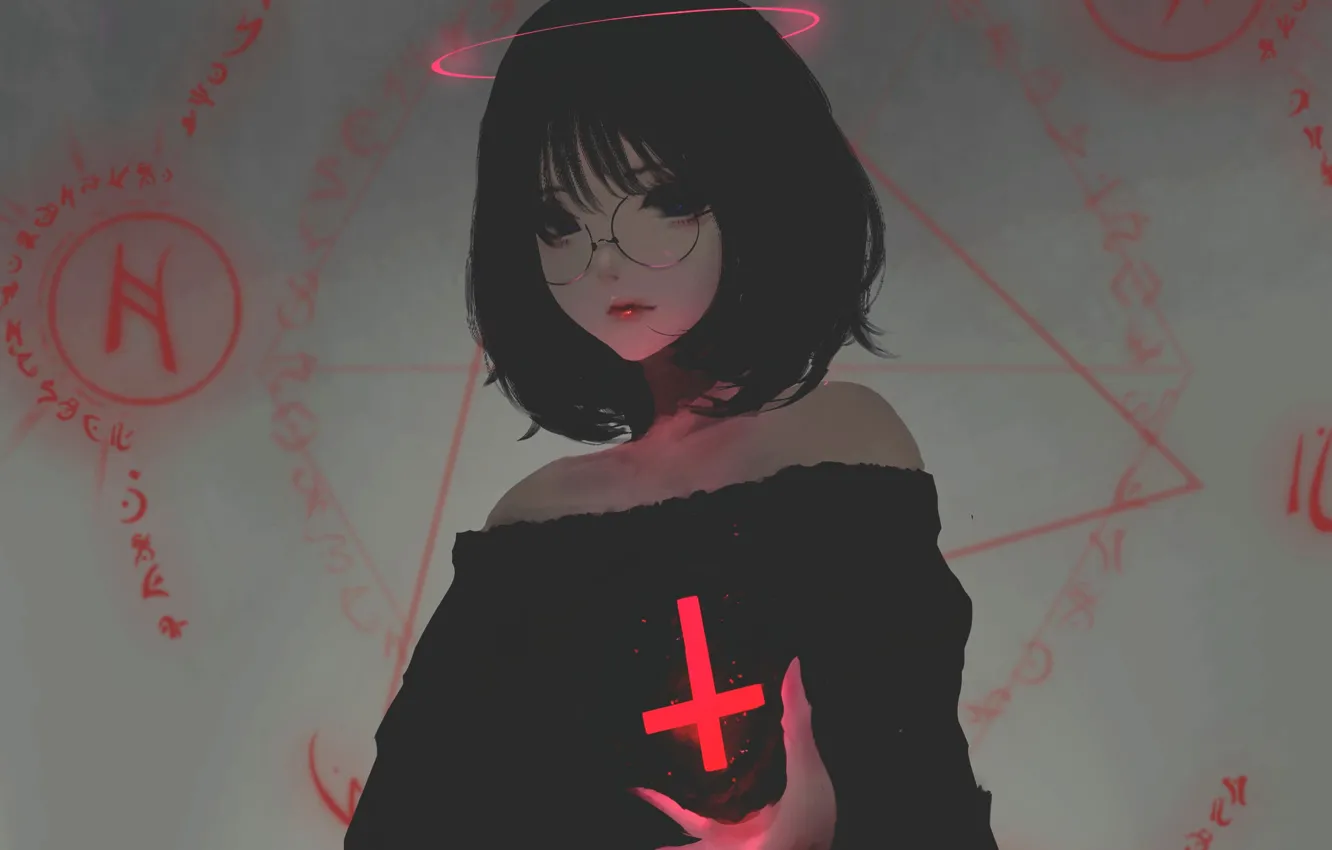 Photo wallpaper girl, sign, cross, glasses, characters, shoulders, Limb