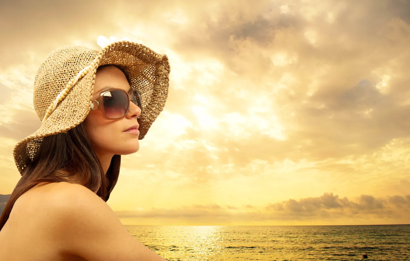Photo wallpaper sea, the sky, water, girl, hat, glasses, brown hair