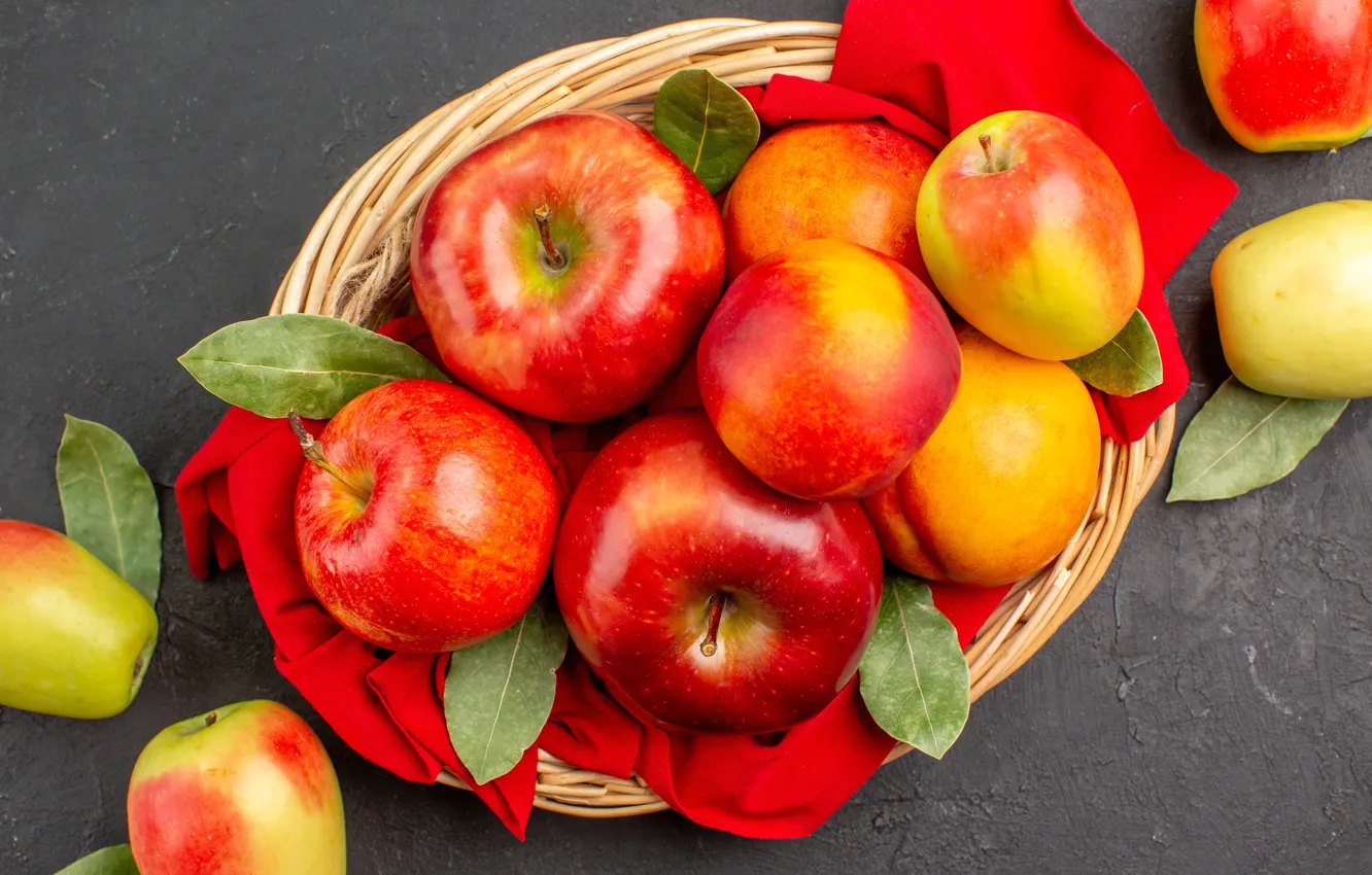 Photo wallpaper leaves, yellow, red, table, apples, towel, fabric, fruit