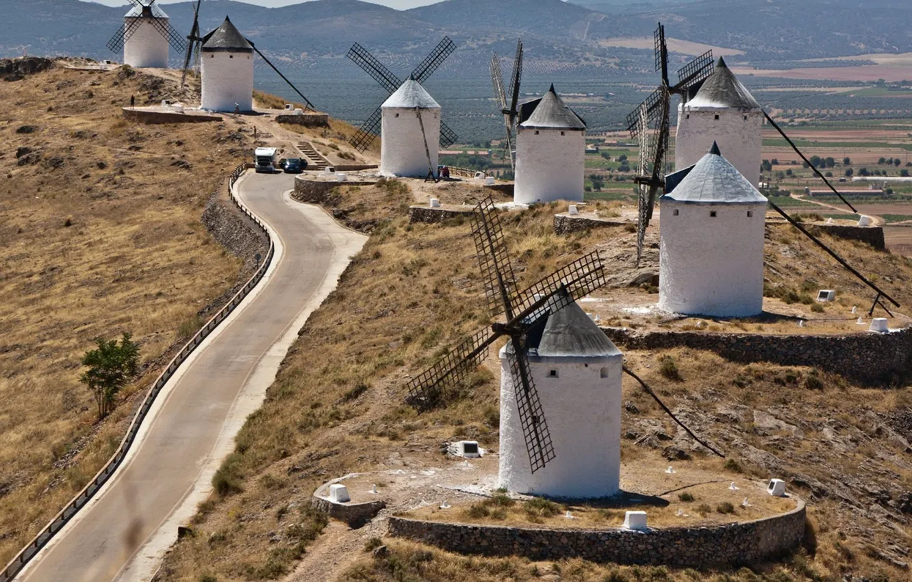 Photo wallpaper road, mountains, Spain, windmill