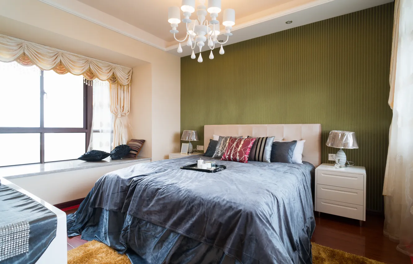 Photo wallpaper design, room, bed, interior, pillow, bedroom, lamps