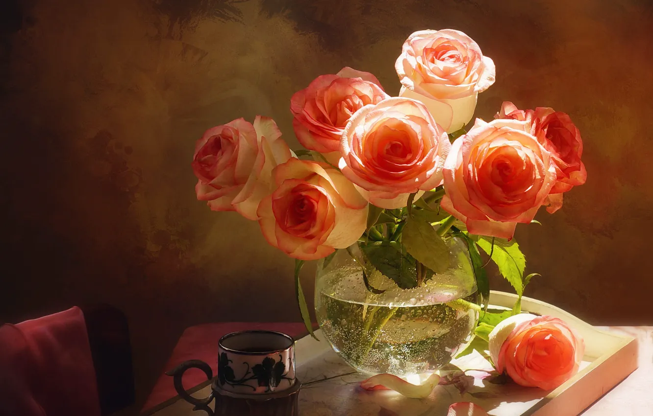 Photo wallpaper water, light, flowers, orange, table, tea, roses, bouquet
