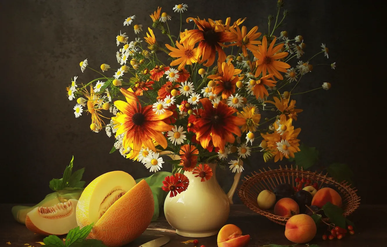 Photo wallpaper flowers, table, chamomile, bouquet, pitcher, fruit, white, still life