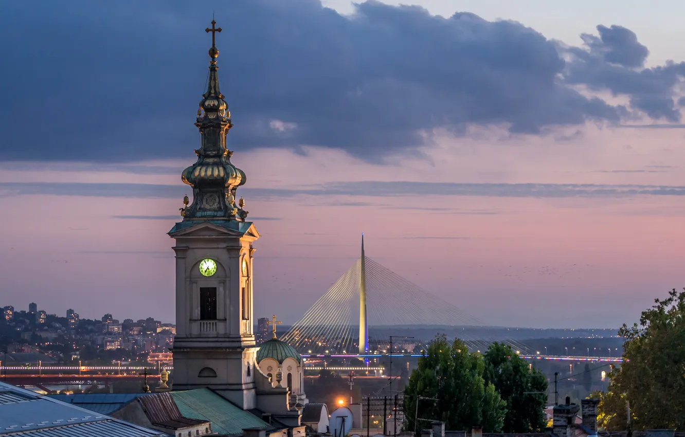 Photo wallpaper the sky, clouds, trees, bridge, the city, building, home, architecture