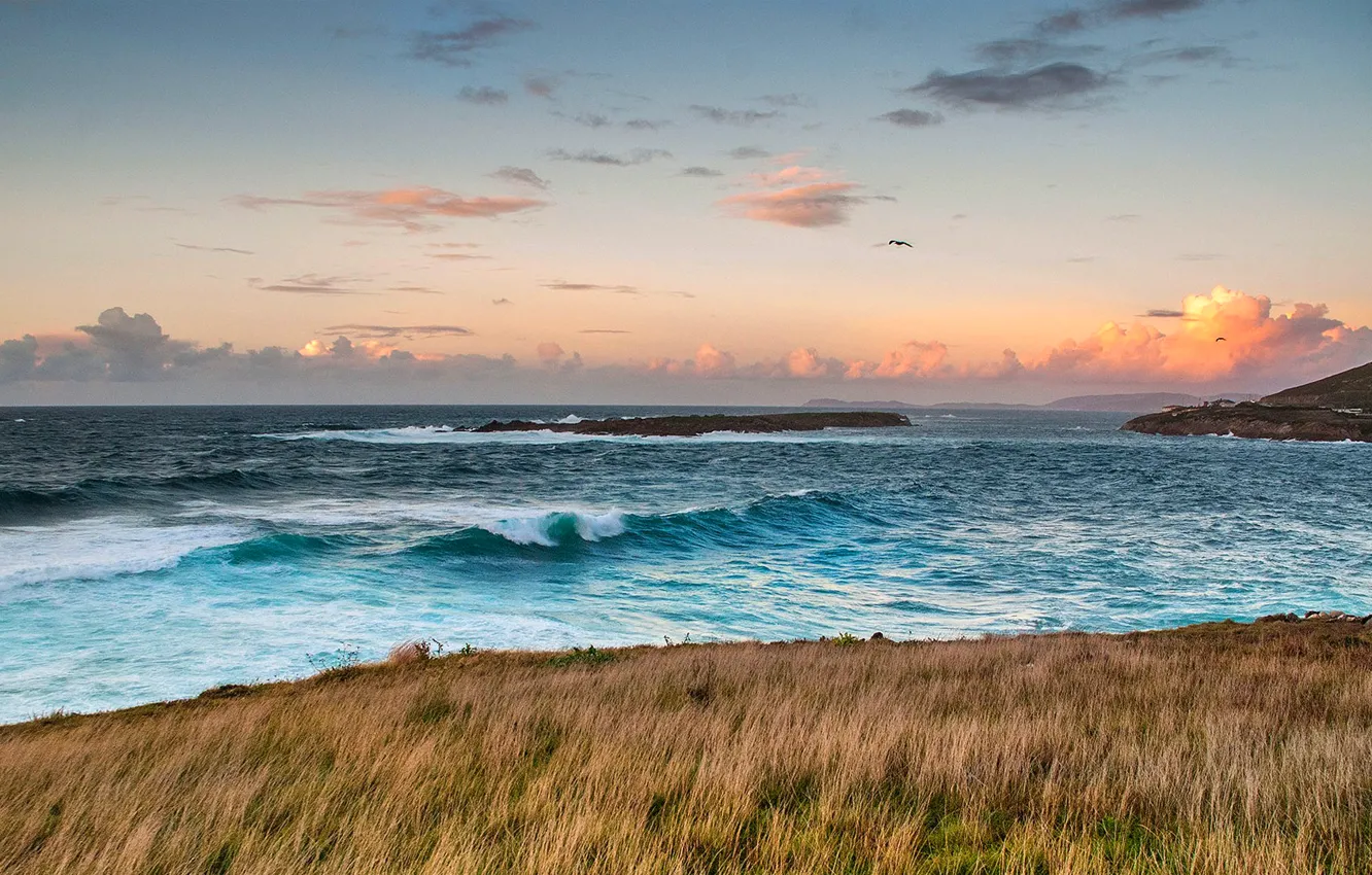 Photo wallpaper sea, wave, the sky, clouds