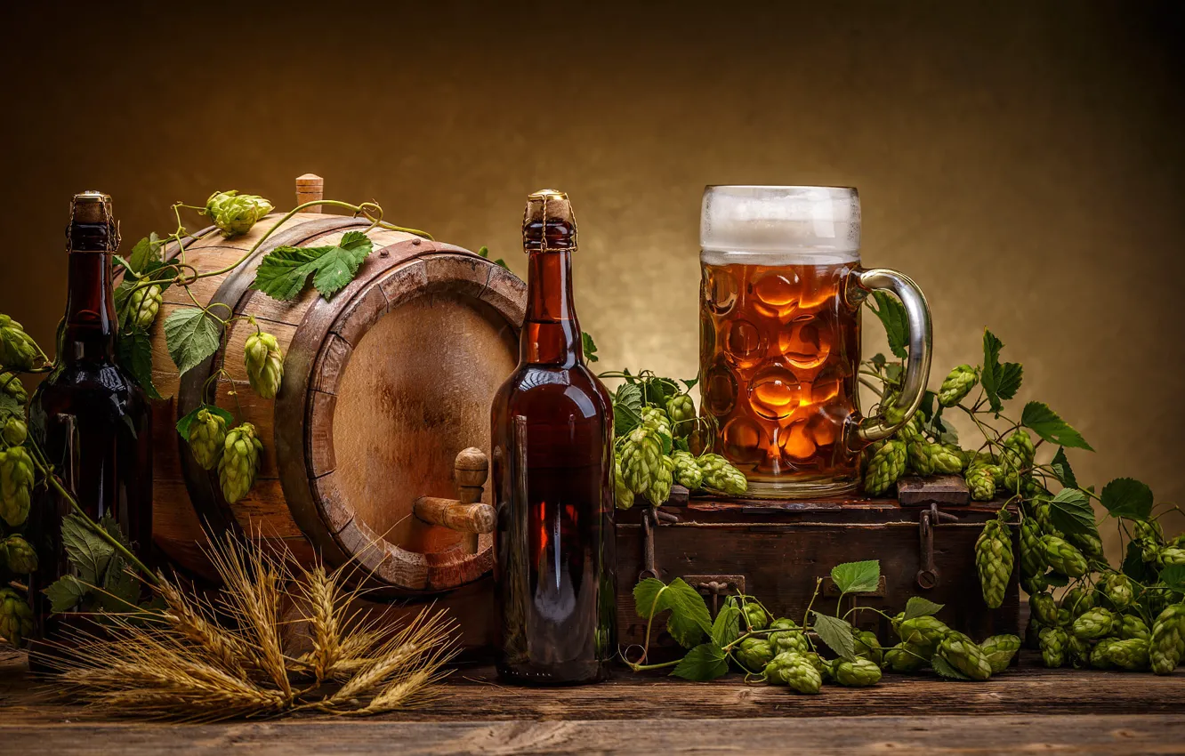 Photo wallpaper foam, leaves, Board, bottle, beer, mug, ears, barrel
