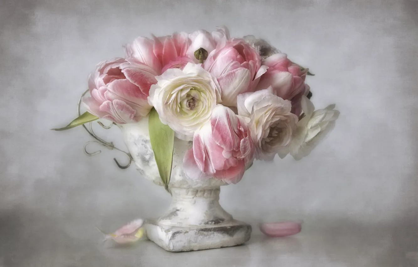 Photo wallpaper flowers, background, bouquet, art, tulips, vase, pink, white