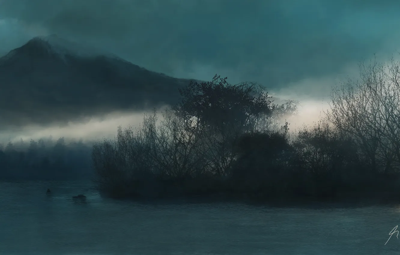 Photo wallpaper trees, nature, fog, lake, mountain, hill, art, twilight