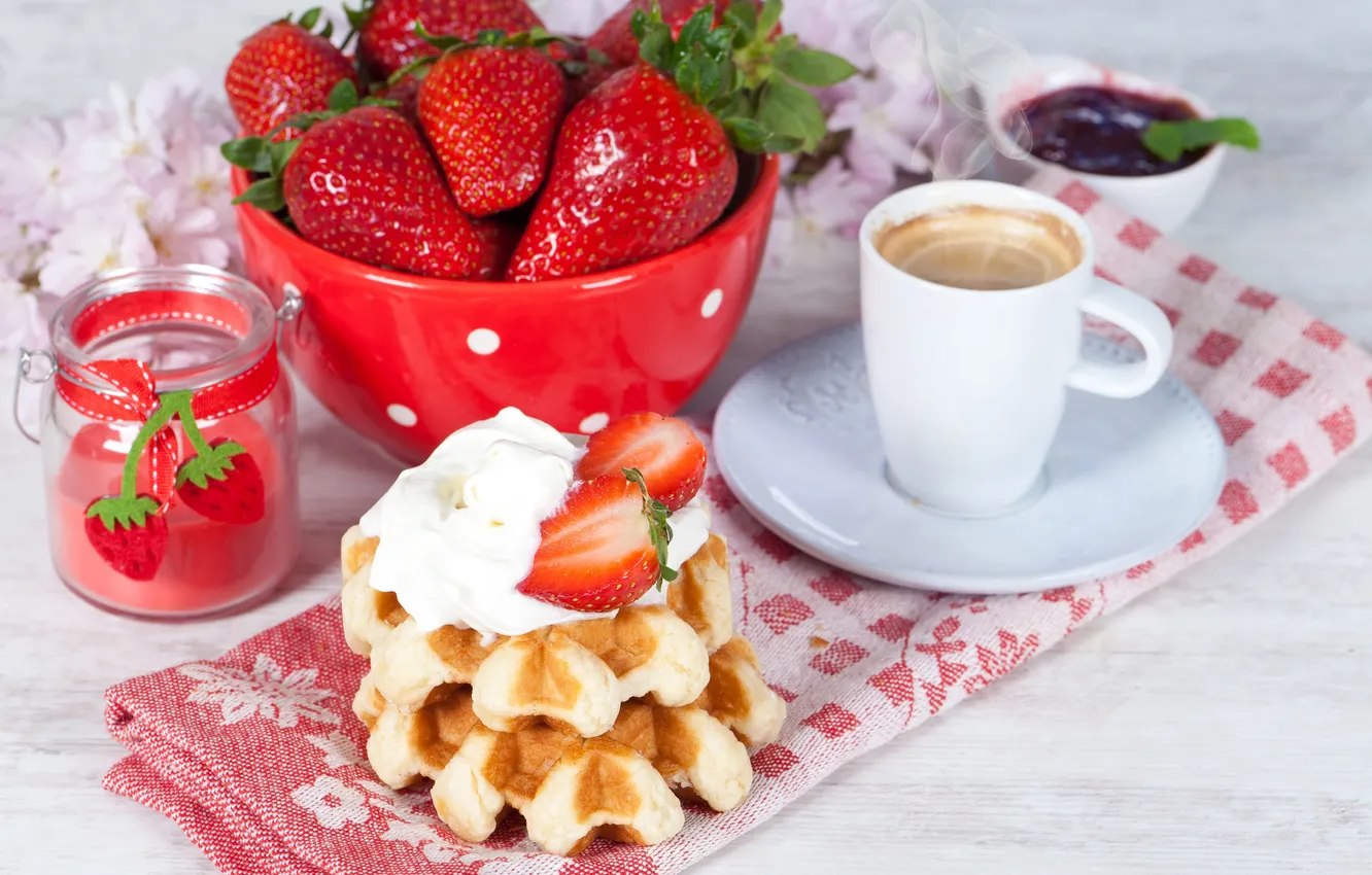 Photo wallpaper flowers, coffee, Breakfast, strawberry, cream, flowers, waffles, jam
