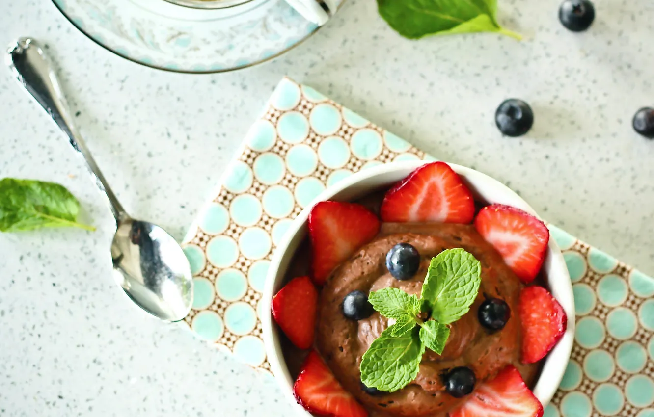 Photo wallpaper tea, strawberry, spoon, mug, Cup, mint, dessert