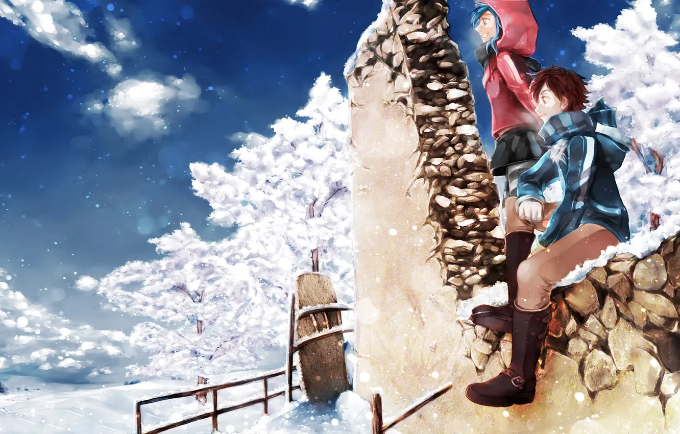 Photo wallpaper winter, girl, snow, trees, guy