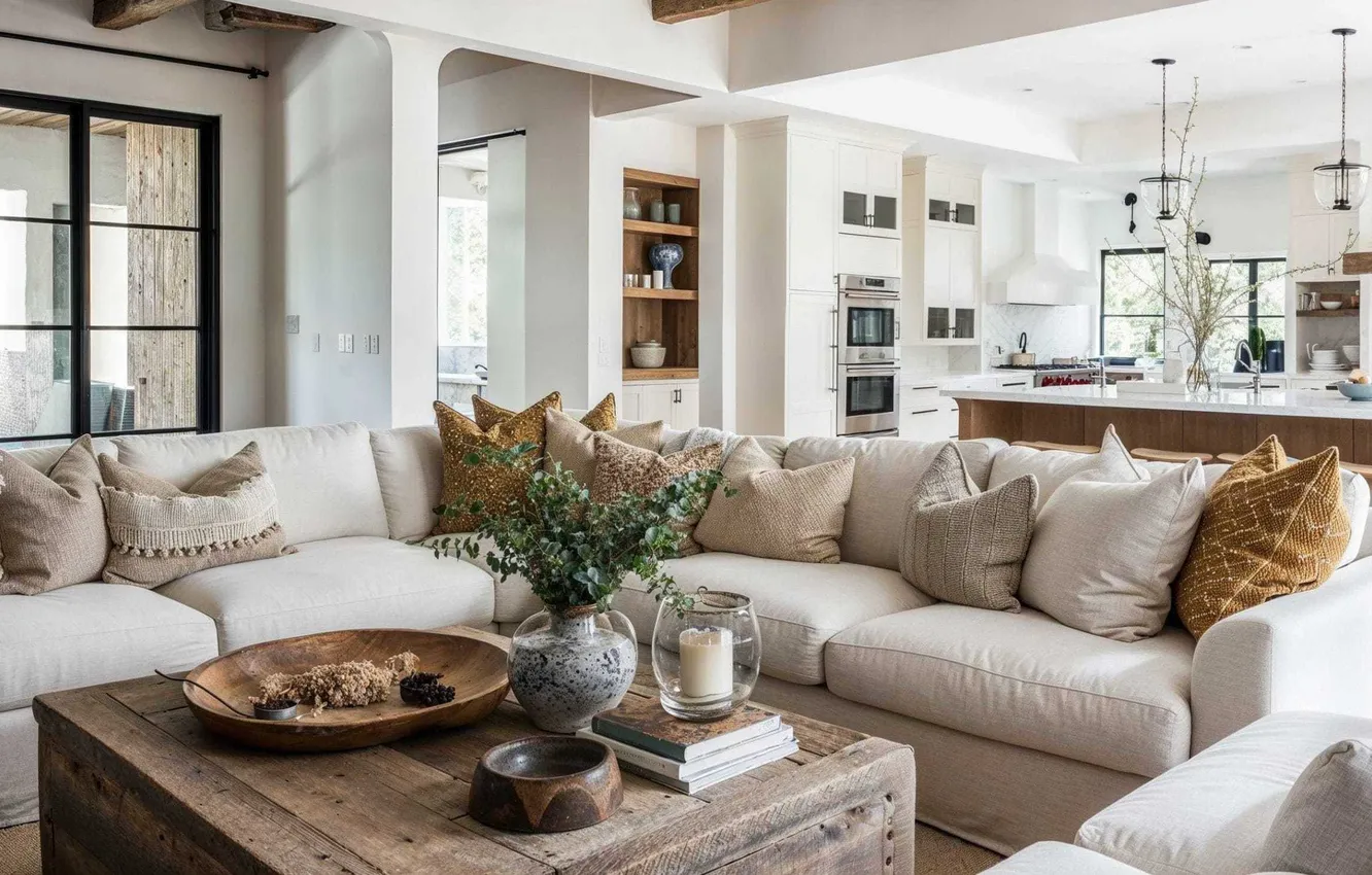 Photo wallpaper design, style, interior, living room, dining room, Modern farmhouse, Classy Rustic home interior with exposed …