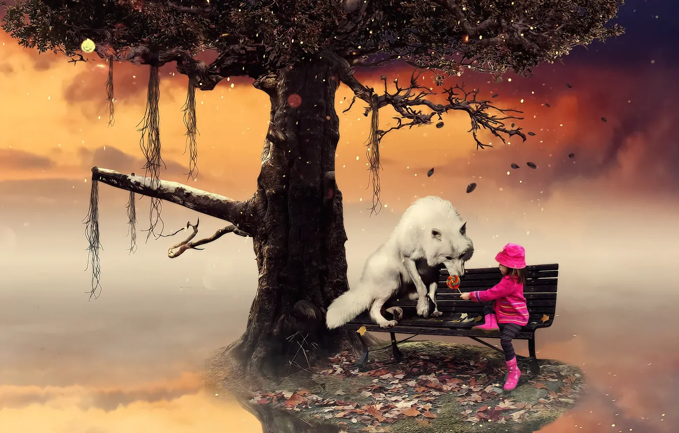 Photo wallpaper wolf, girl, candy
