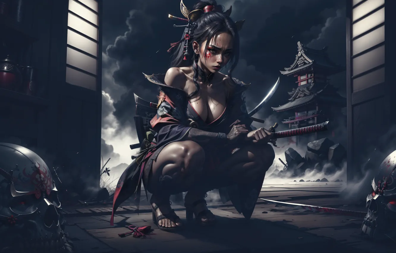 Photo wallpaper girl, fantasy, skull, pagoda, Asian, blade, AI art, neural network