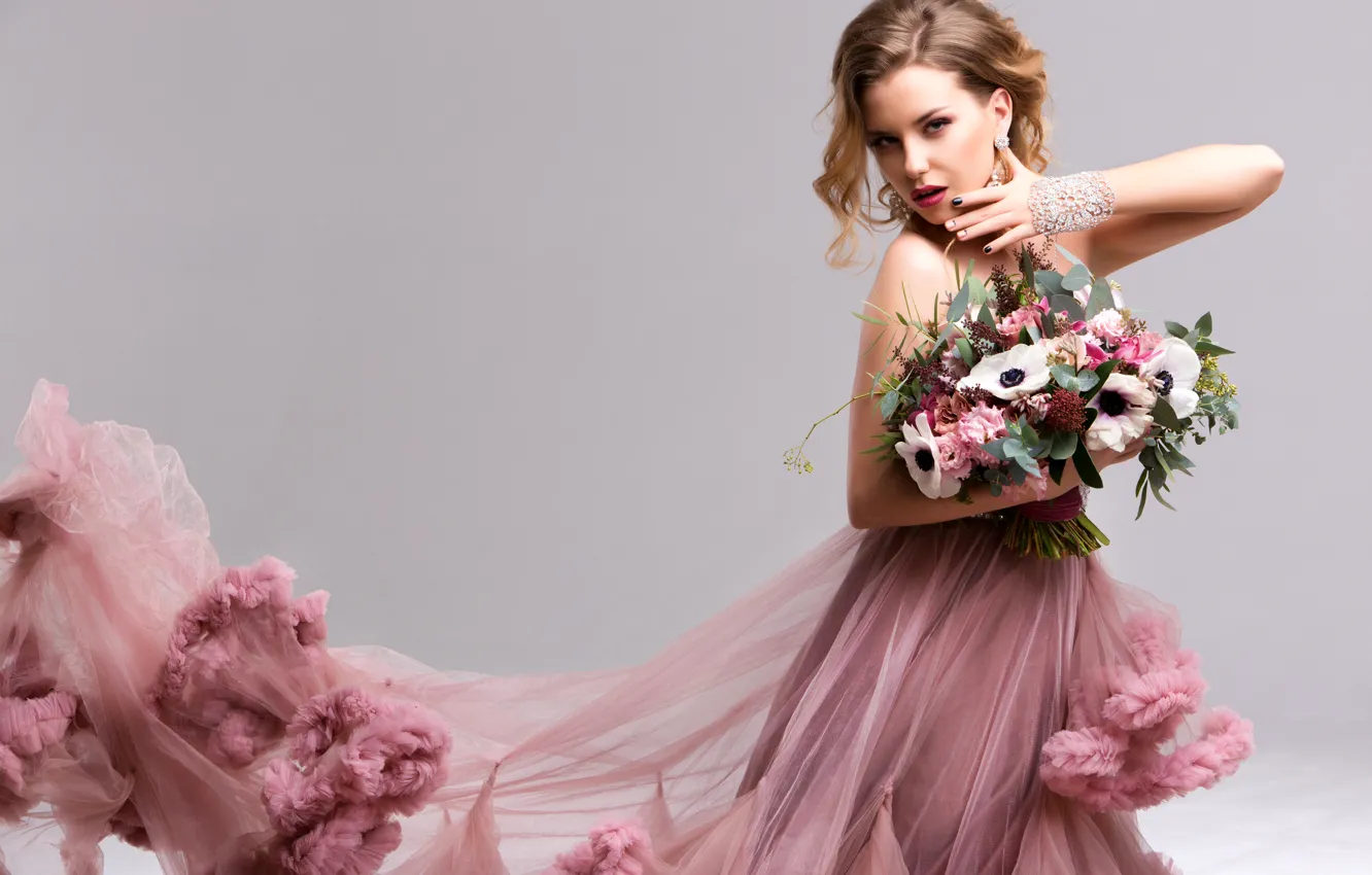 Photo wallpaper girl, flowers, background, bouquet, makeup, dress, hairstyle, brown hair
