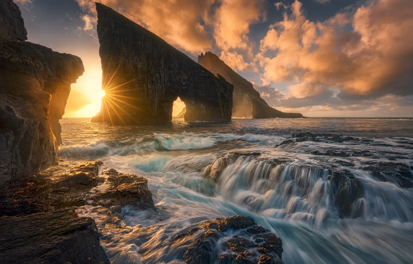 Photo wallpaper sunset, the ocean, rocks, Denmark, The Atlantic ocean, Faroe Islands, Faroe Islands, Denmark