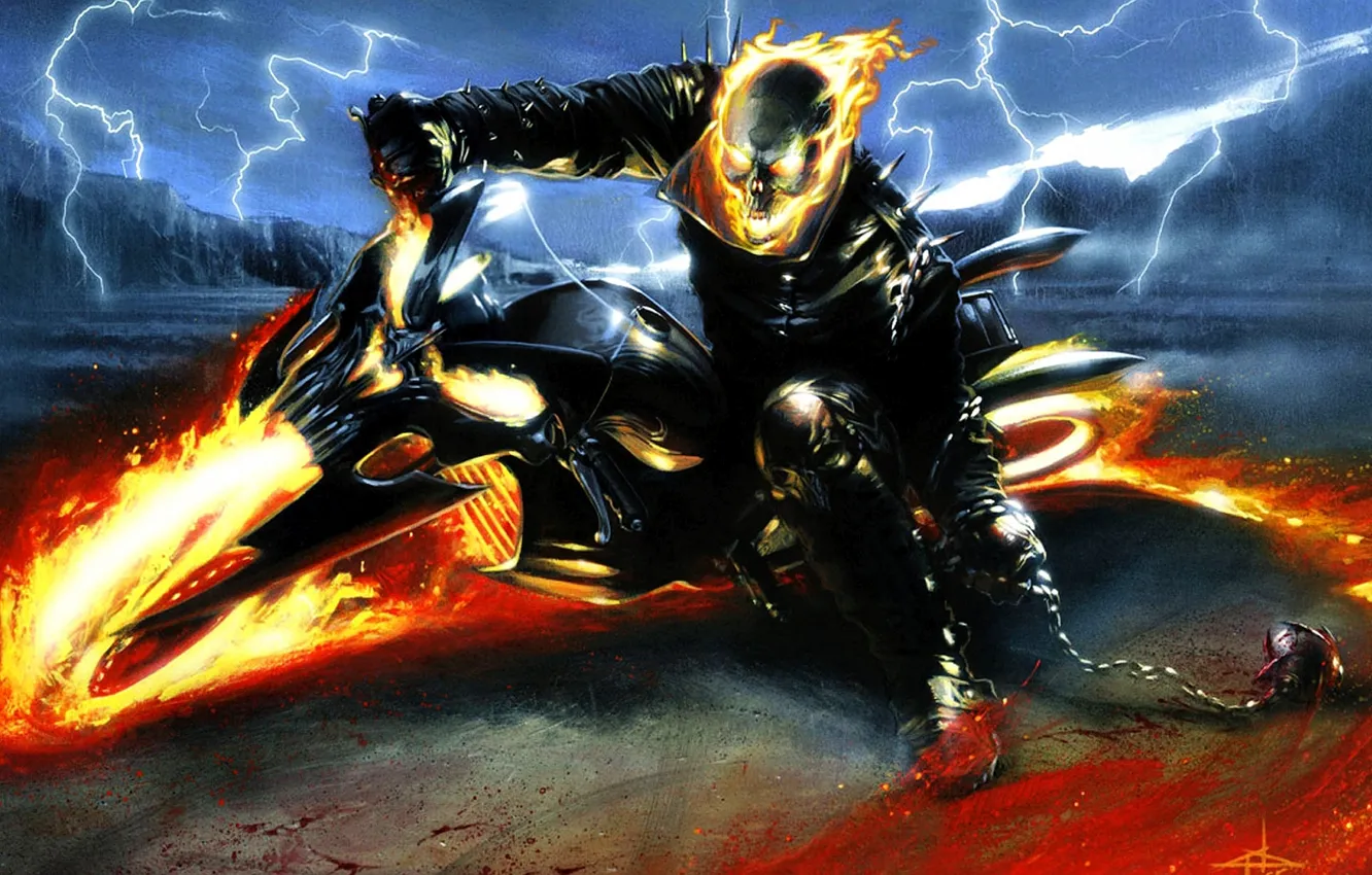 Photo wallpaper Ghost Rider, lightning, Marvel, spirit, byke, hellfire, vengance
