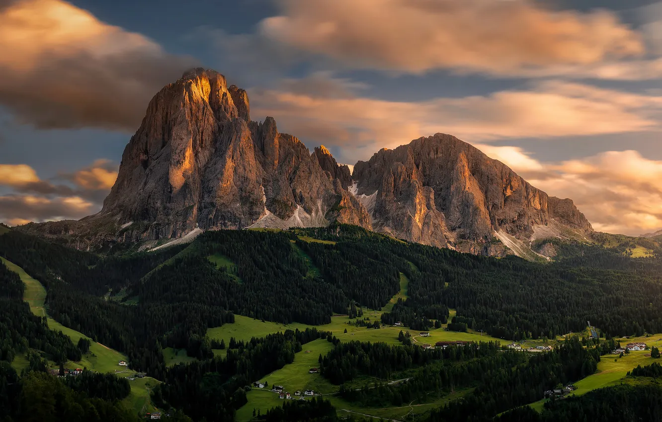 Photo wallpaper forest, clouds, mountains, rocks, tops, height, slope, village