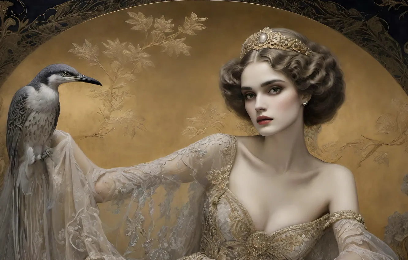 Photo wallpaper look, girl, bird, dress, fantasy, Diadema, Princess, AI art