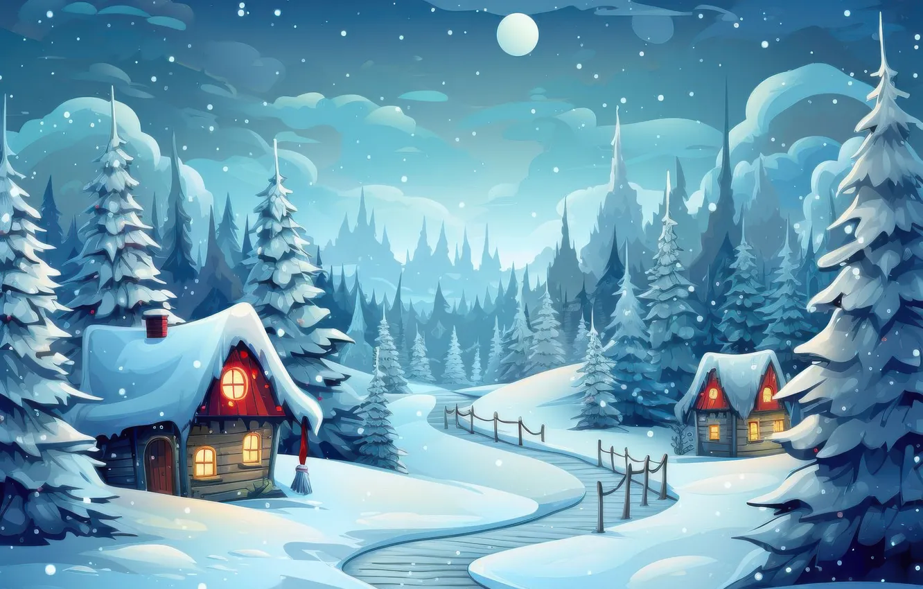 Photo wallpaper winter, forest, clouds, snow, night, river, the moon, new year