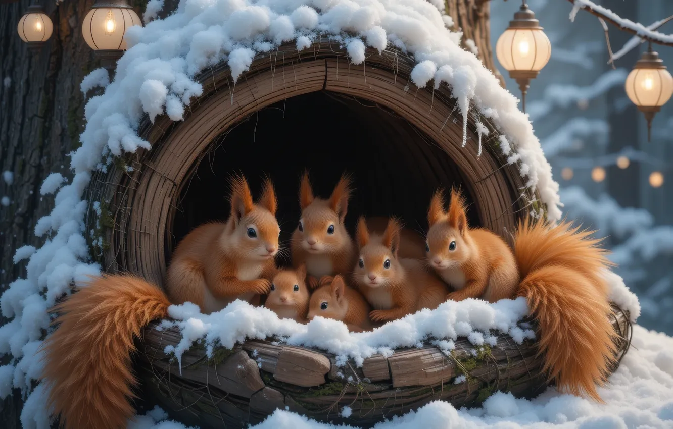 Photo wallpaper winter, snow, protein, lights, house, family, the hollow, proteins