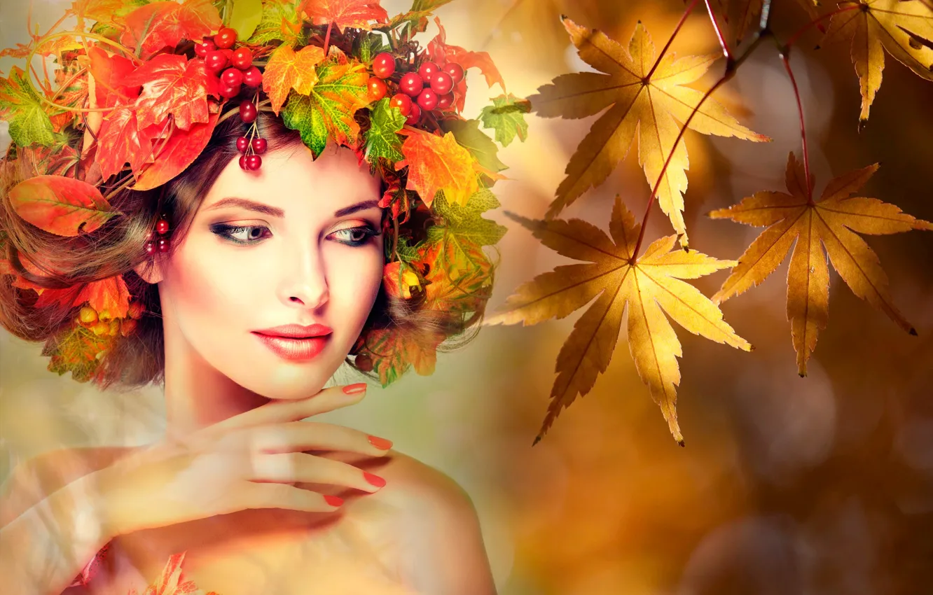 Photo wallpaper autumn, leaves, girl, branches, glare, berries, creative, background