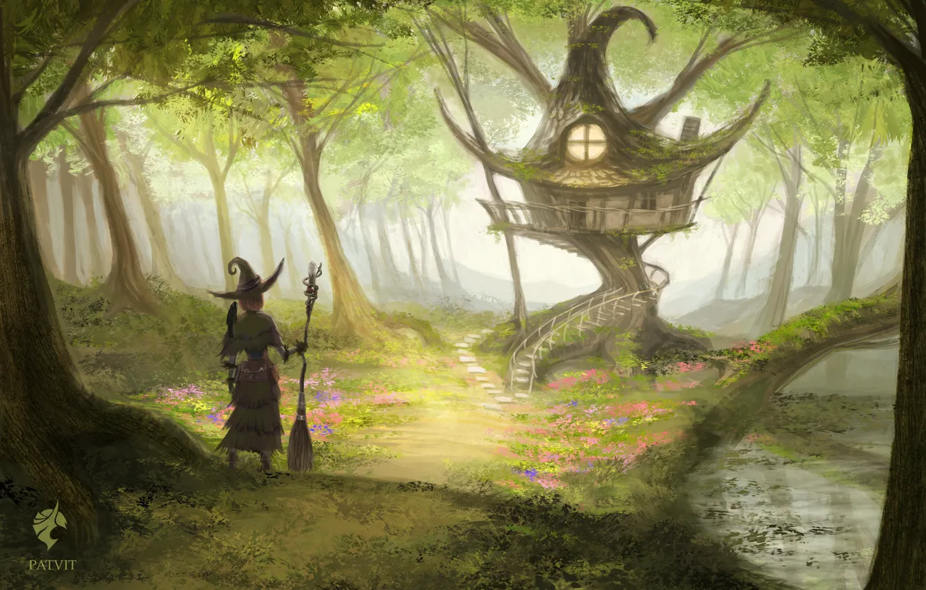 Photo wallpaper forest, house, witch