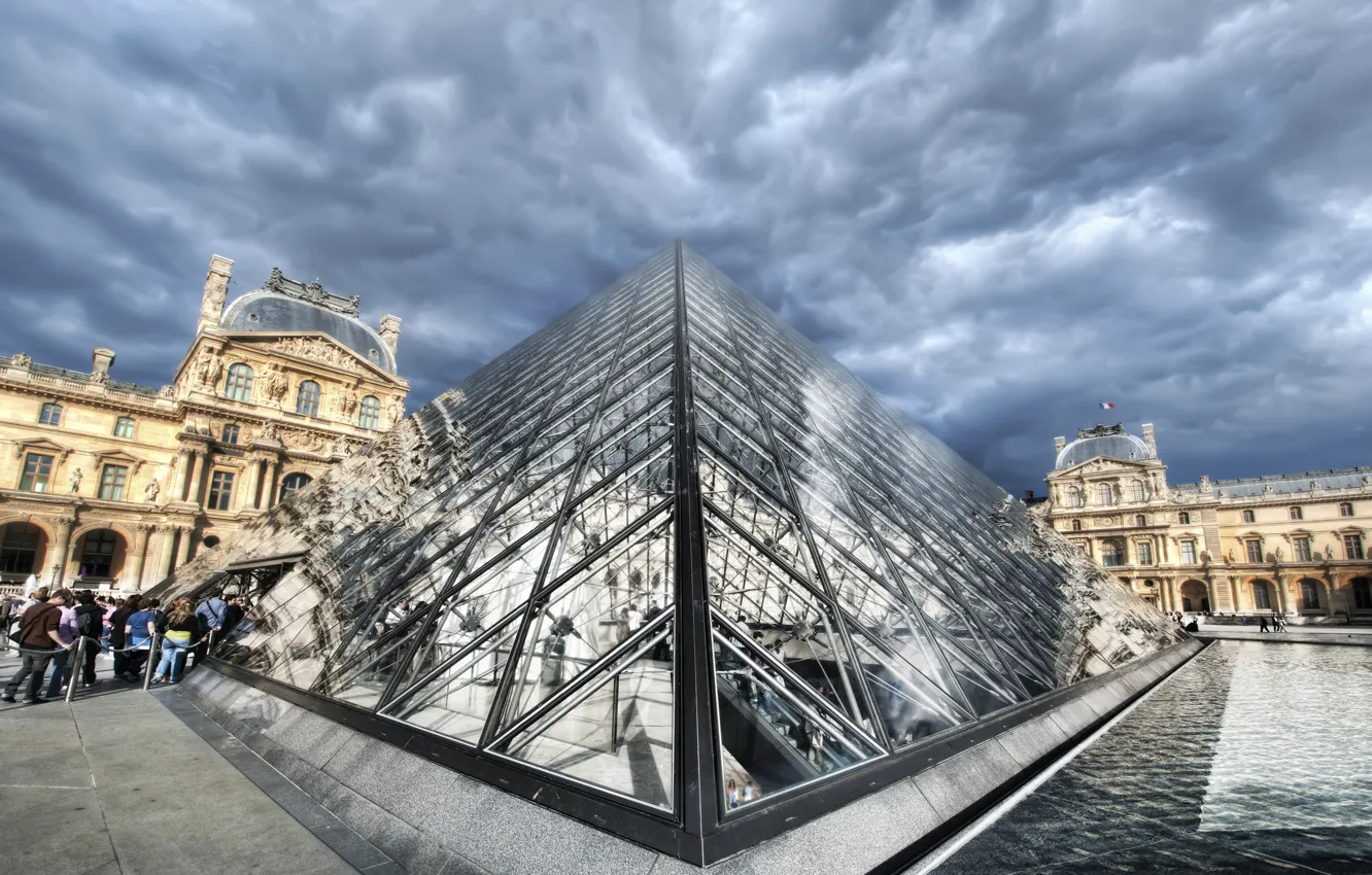 Photo wallpaper clouds, people, building, the Louvre, glazed