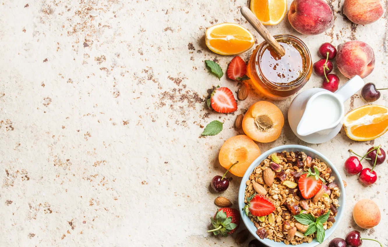Photo wallpaper cherry, orange, Breakfast, milk, strawberry, honey, apricot, muesli