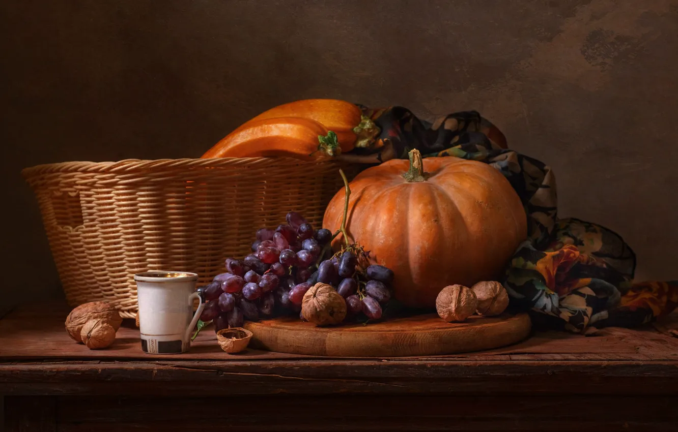 Photo wallpaper grapes, pumpkin, nuts, still life, zucchini