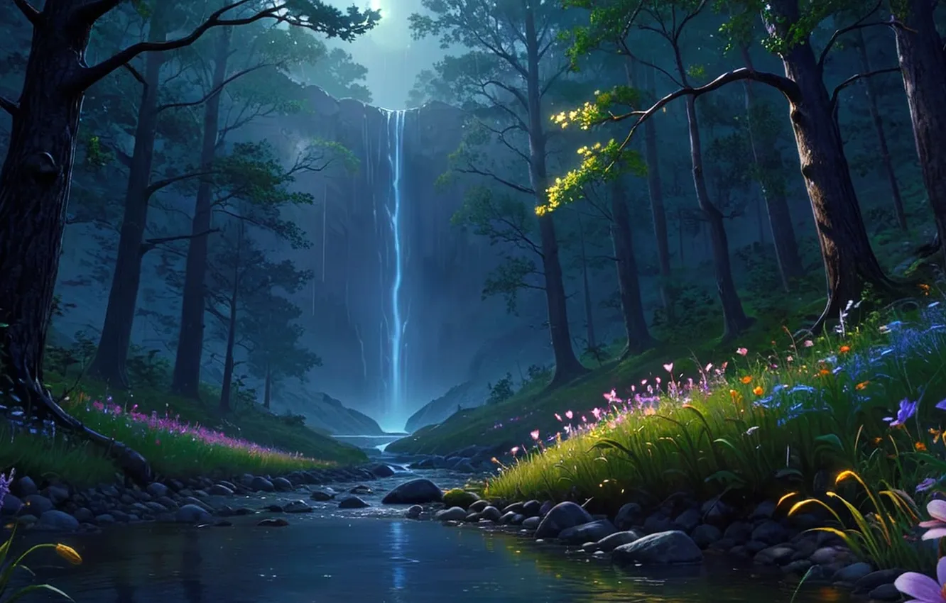 Photo wallpaper forest, river, trees, nature, waterfall