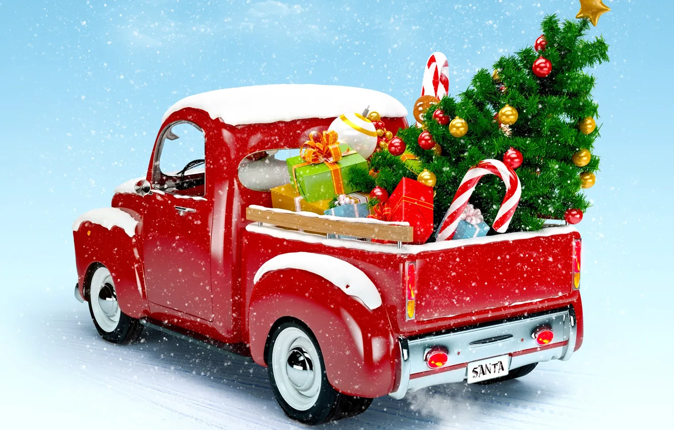 Photo wallpaper tree, new year, Christmas, Truck, Christmas, winter, snow, New Year