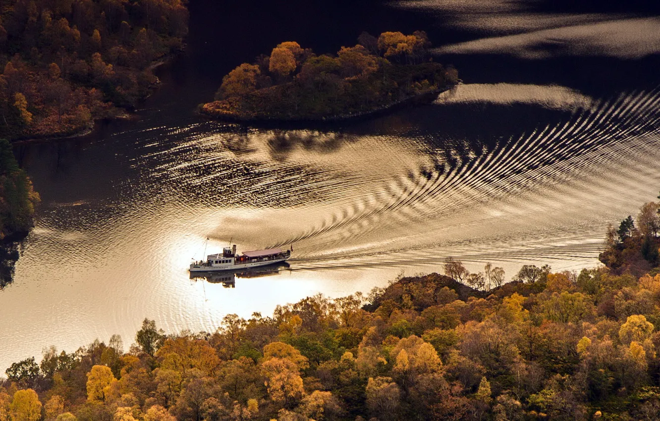 Photo wallpaper autumn, river, ship