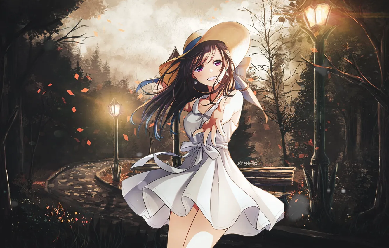 Photo wallpaper landscape, smile, Park, positive, the evening, anime, lights, track