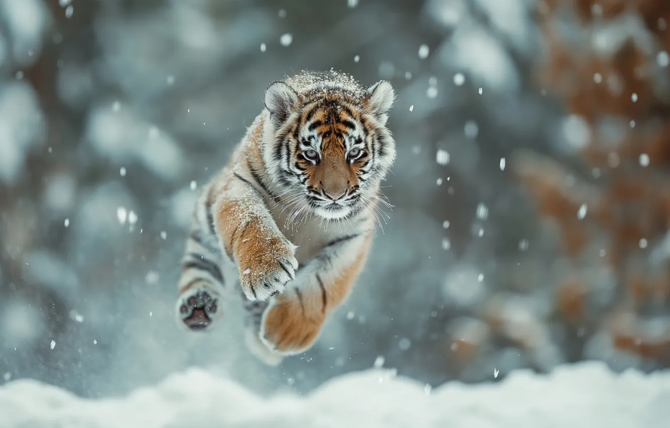 Photo wallpaper animals, tiger, winter, snow, cute
