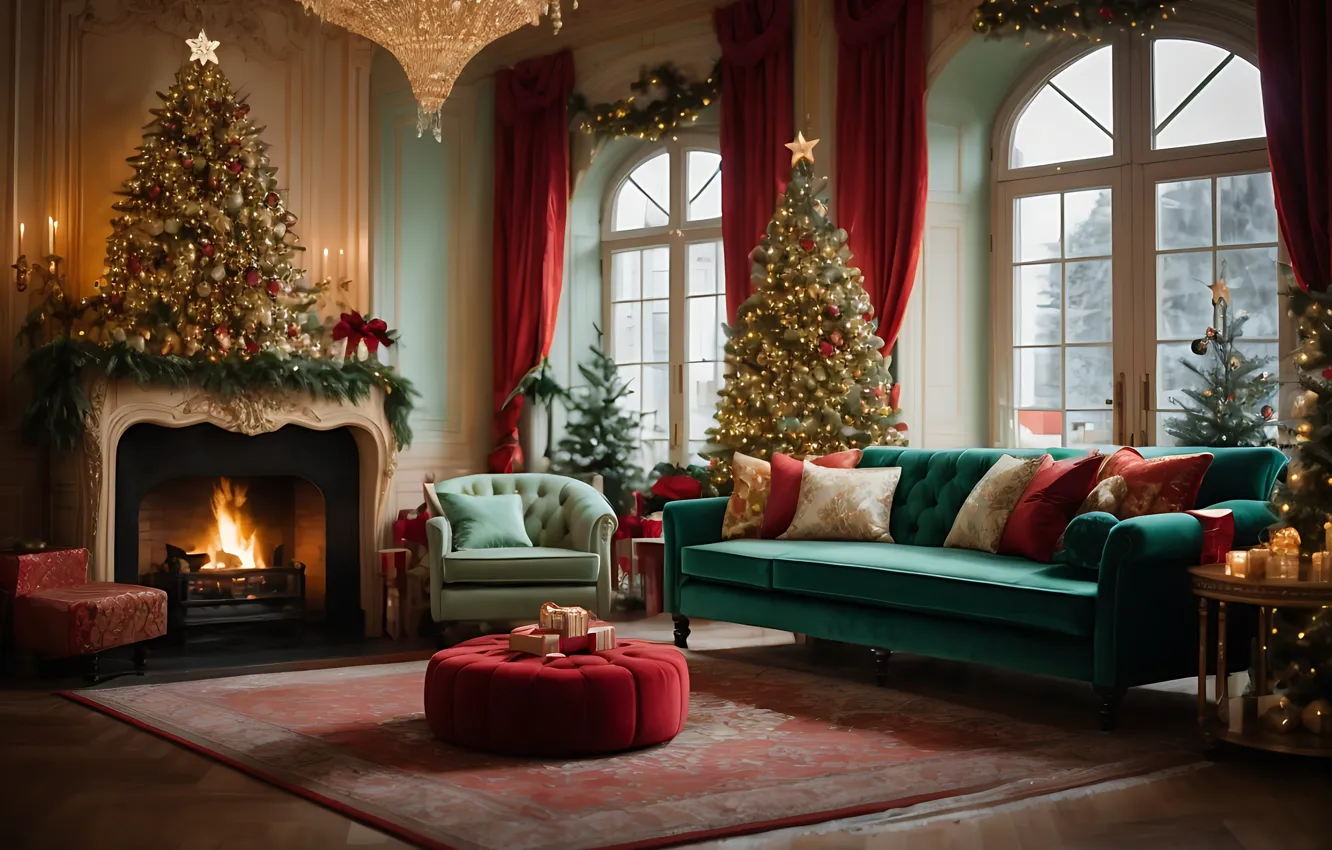 Photo wallpaper decoration, room, gift, balls, tree, new year, interior, Christmas