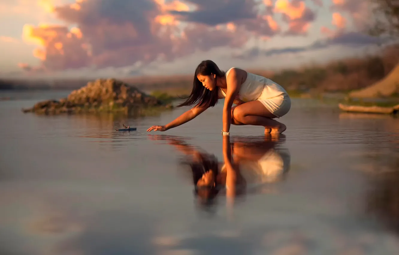 Photo wallpaper water, girl, clouds, reflection, ruffle, Oriental appearance