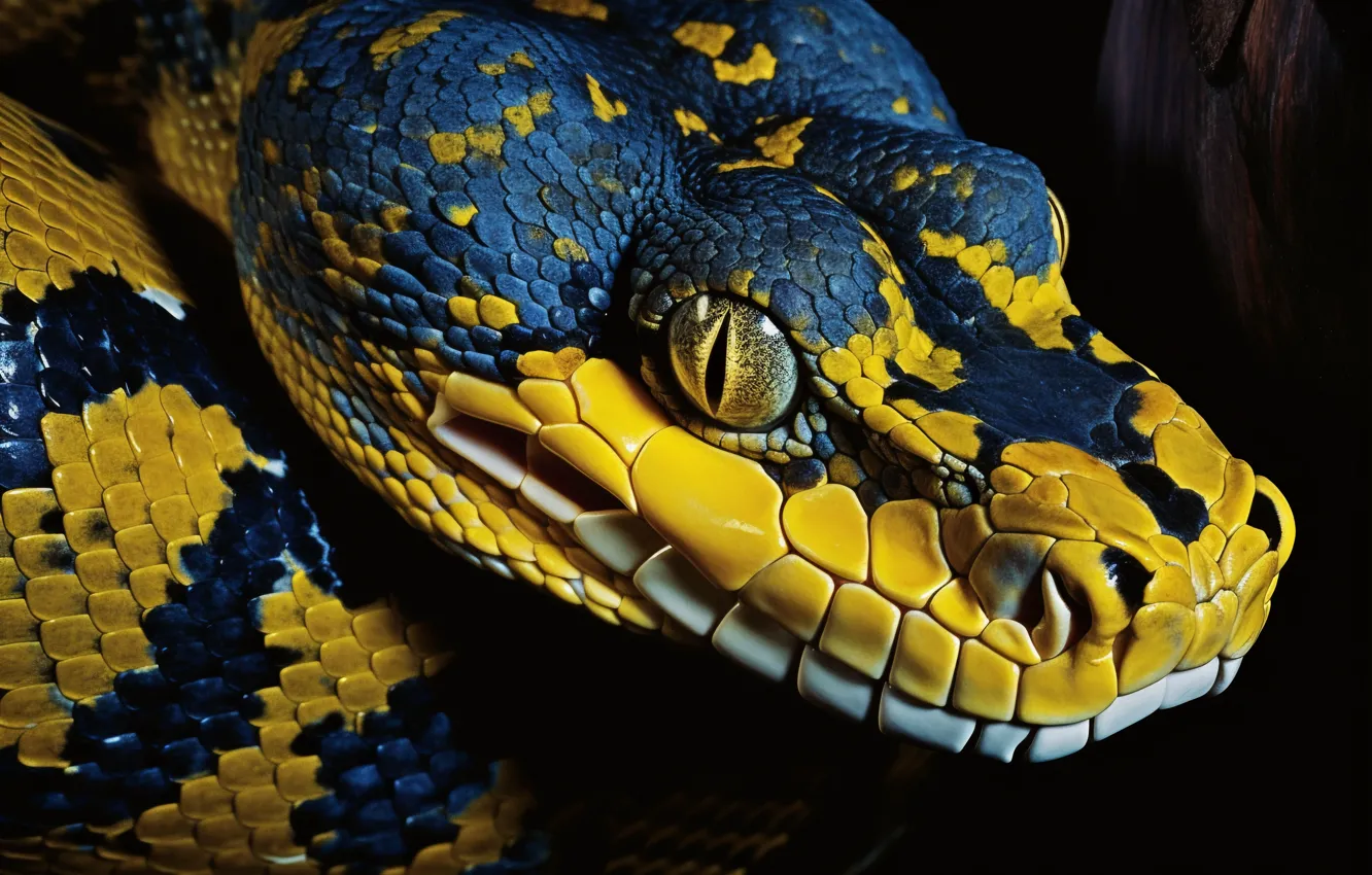 Photo wallpaper eyes, face, the dark background, animal, danger, snake, Python, reptile